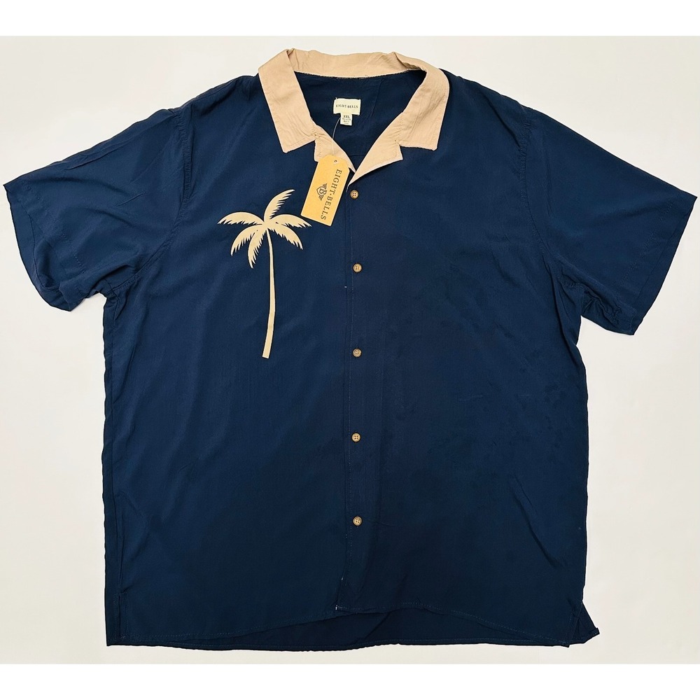 Eight Bells Palm Tree Graphic Mens XXL Blue Button Up Short Sleeve Shirt NEW